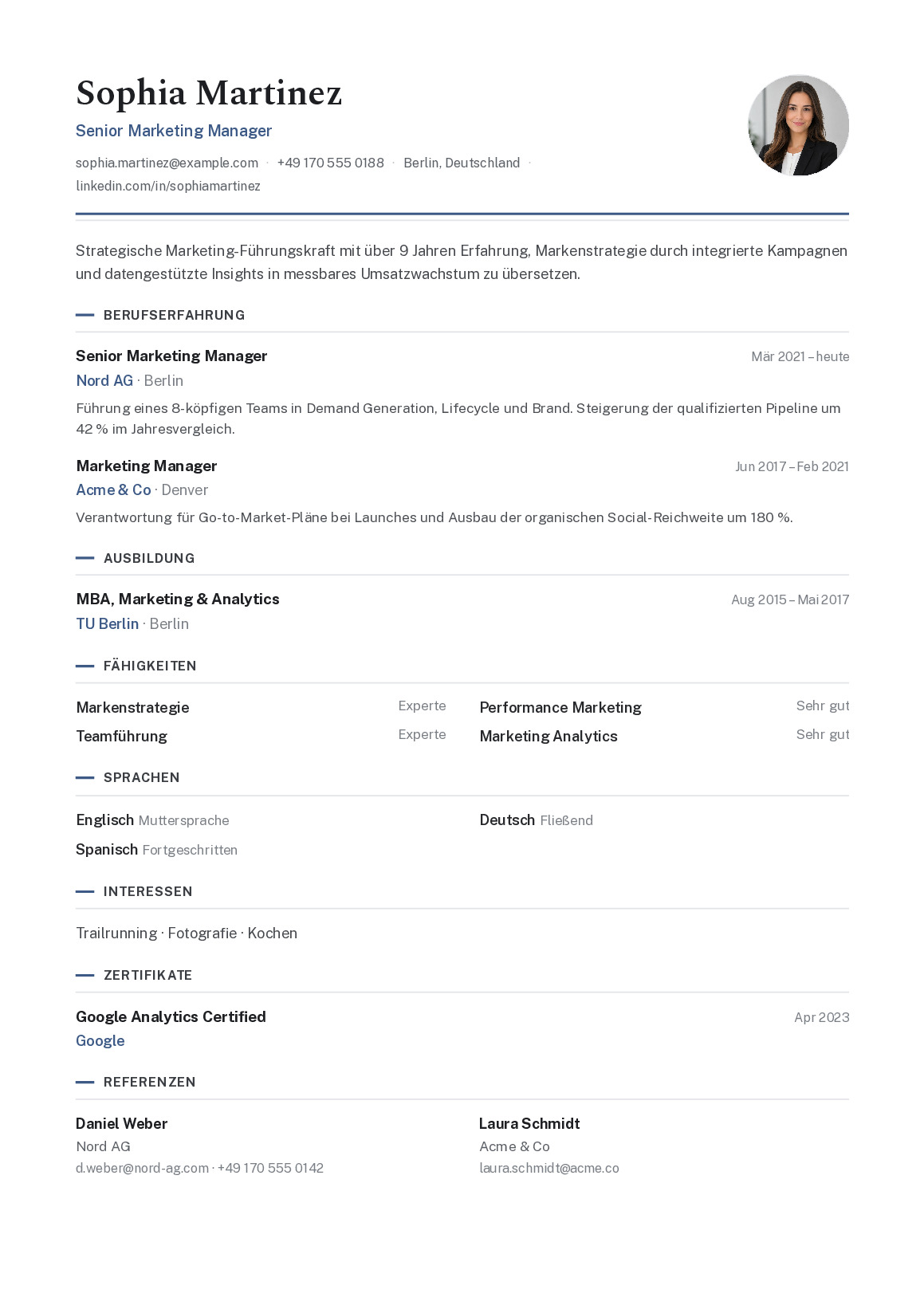 CV template Berlin: Pared back, no colour blocks, clear text areas – suited to conservative industries.