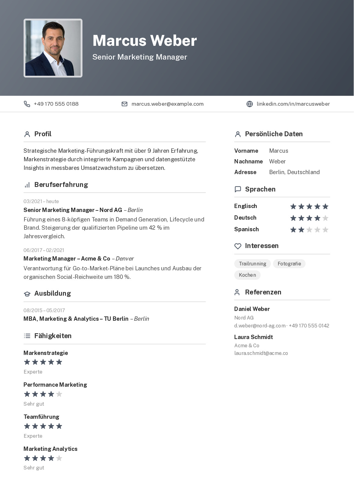 CV template Hannover: Two columns with a calm header – fits a lot of roles onto one readable page.