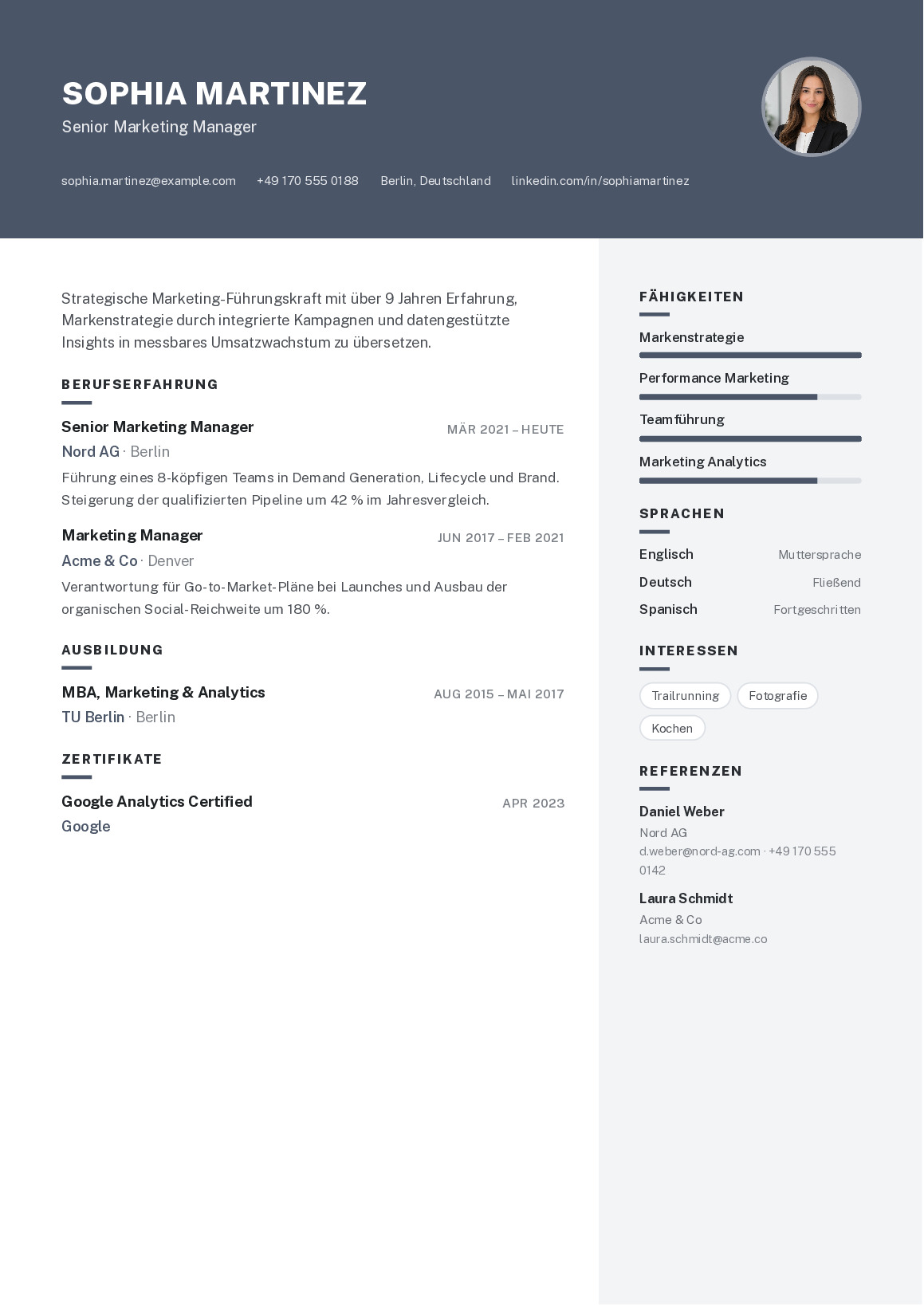 CV template München: Dark header with your name, two-column layout – modern and structured.
